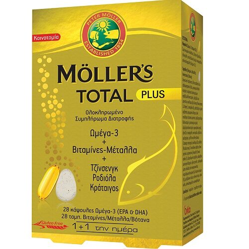 Moller's Total Plus Ωμέγα 3 28 κάψουλες + Βιταμίνες Μέταλλα Βότανα 28 ταμπλέτες